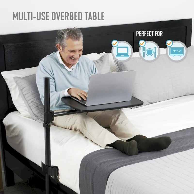 Black Overbed Table, Adjustable Height & 360° Swivel, Single User
