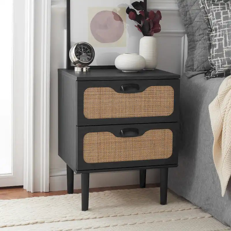 2-Drawer Nightstand, Rattan Mesh, Oak / Distressed Black / Bleached White / Black / Walnut