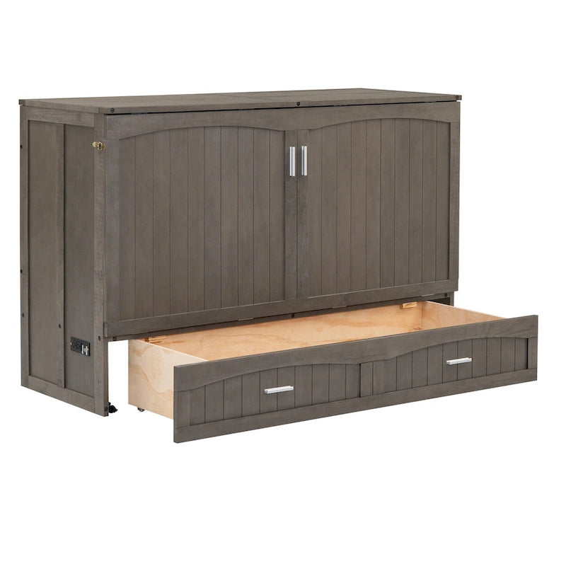 Antique Grey Queen Murphy Bed with Charging Station, Sleeps 1