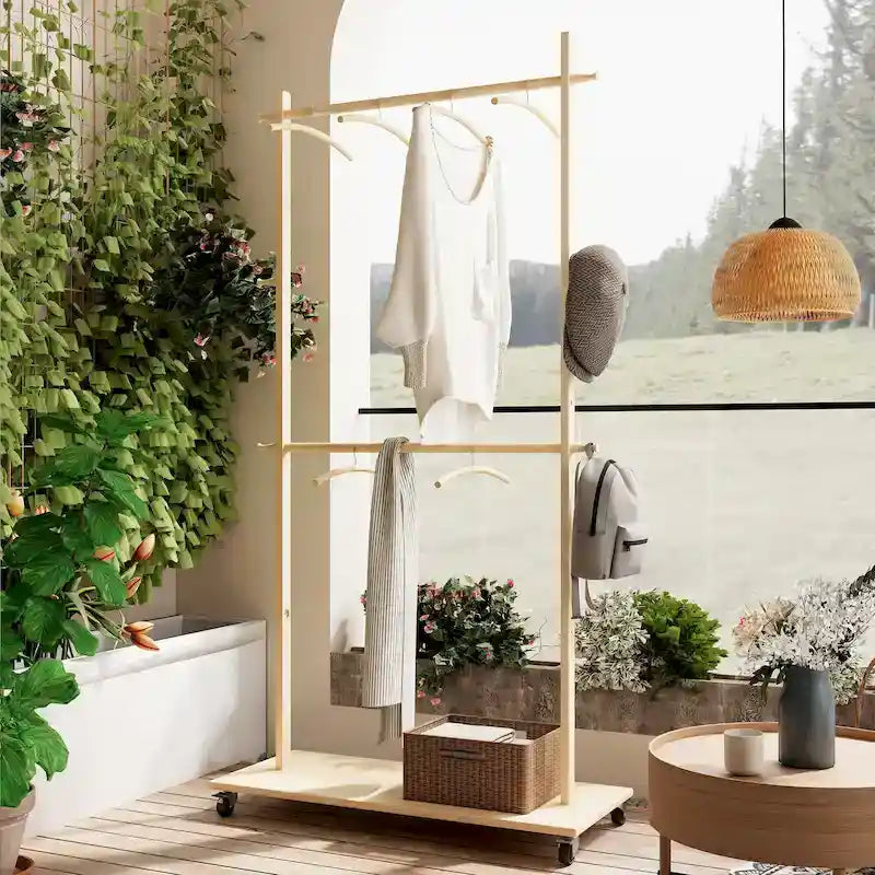 Beige Freestanding Garment Rack, Single Rod with Bottom Shelf, for 1 Person