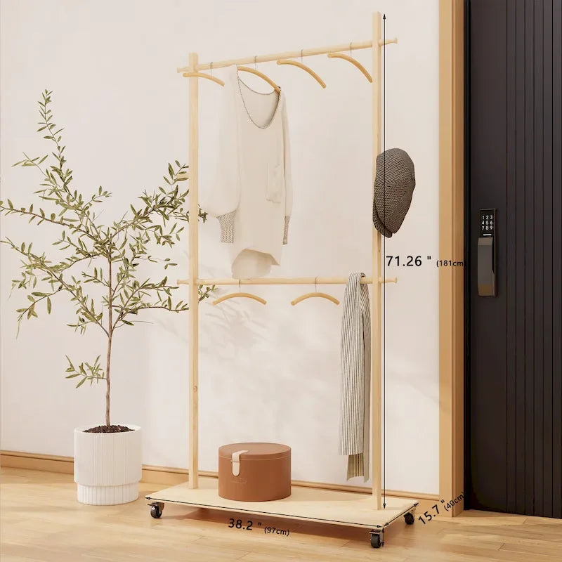 Beige Freestanding Garment Rack, Single Rod with Bottom Shelf, for 1 Person
