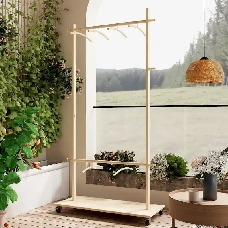 Beige Freestanding Garment Rack, Single Rod with Bottom Shelf, for 1 Person