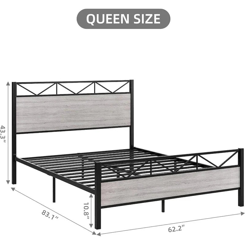 Brown / Light Grey Industrial Platform Bed Frame with Headboard – Full / Queen / King, Fits 2