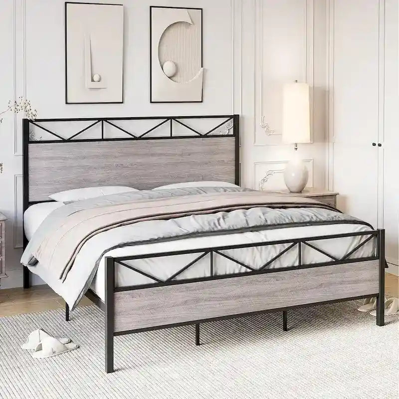 Brown / Light Grey Industrial Platform Bed Frame with Headboard – Full / Queen / King, Fits 2