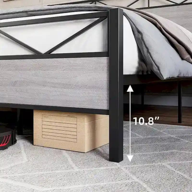 Brown / Light Grey Industrial Platform Bed Frame with Headboard – Full / Queen / King, Fits 2
