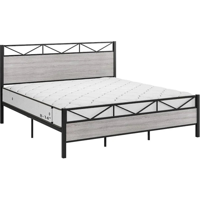 Brown / Light Grey Industrial Platform Bed Frame with Headboard – Full / Queen / King, Fits 2
