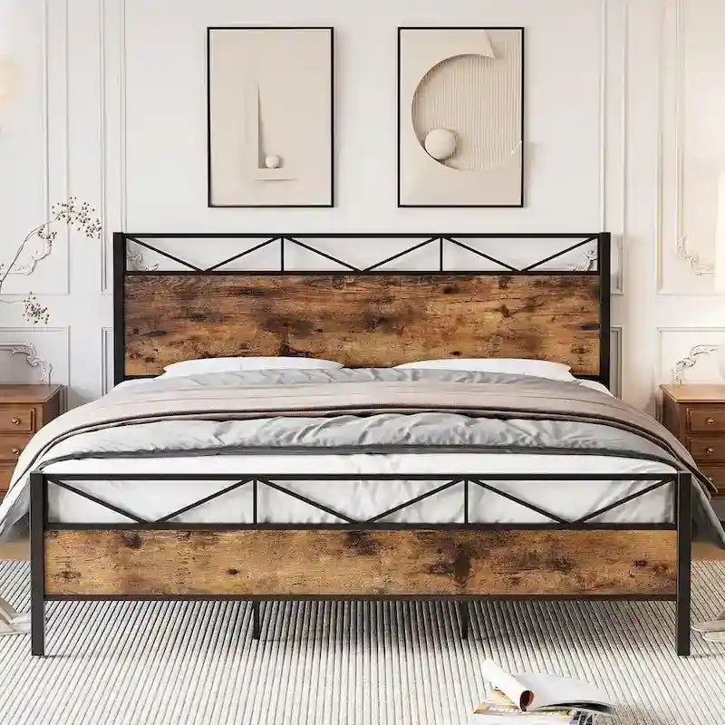 Brown / Light Grey Industrial Platform Bed Frame with Headboard – Full / Queen / King, Fits 2