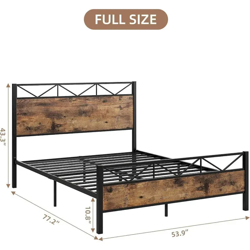 Brown / Light Grey Industrial Platform Bed Frame with Headboard – Full / Queen / King, Fits 2