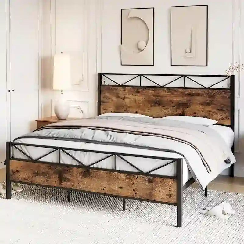 Brown / Light Grey Industrial Platform Bed Frame with Headboard – Full / Queen / King, Fits 2