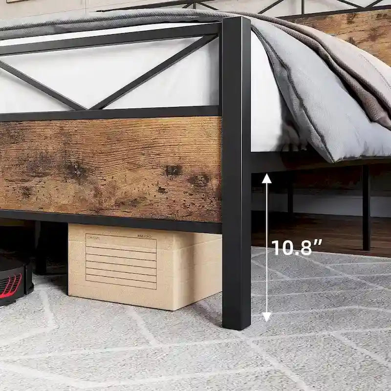 Brown / Light Grey Industrial Platform Bed Frame with Headboard – Full / Queen / King, Fits 2