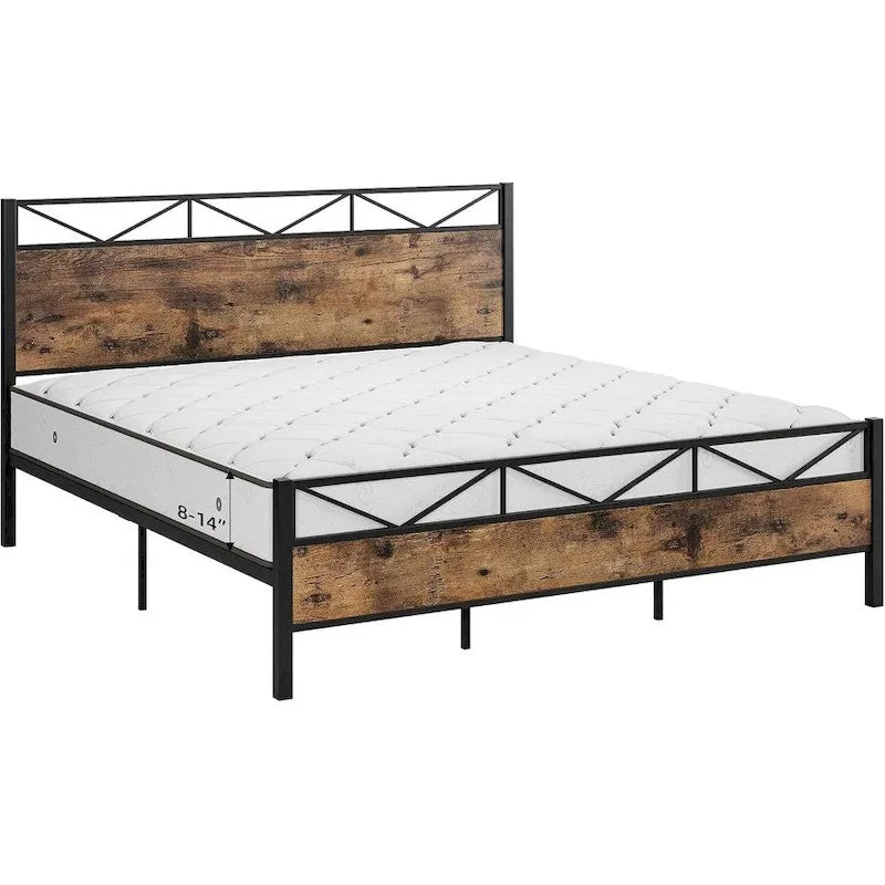 Brown / Light Grey Industrial Platform Bed Frame with Headboard – Full / Queen / King, Fits 2