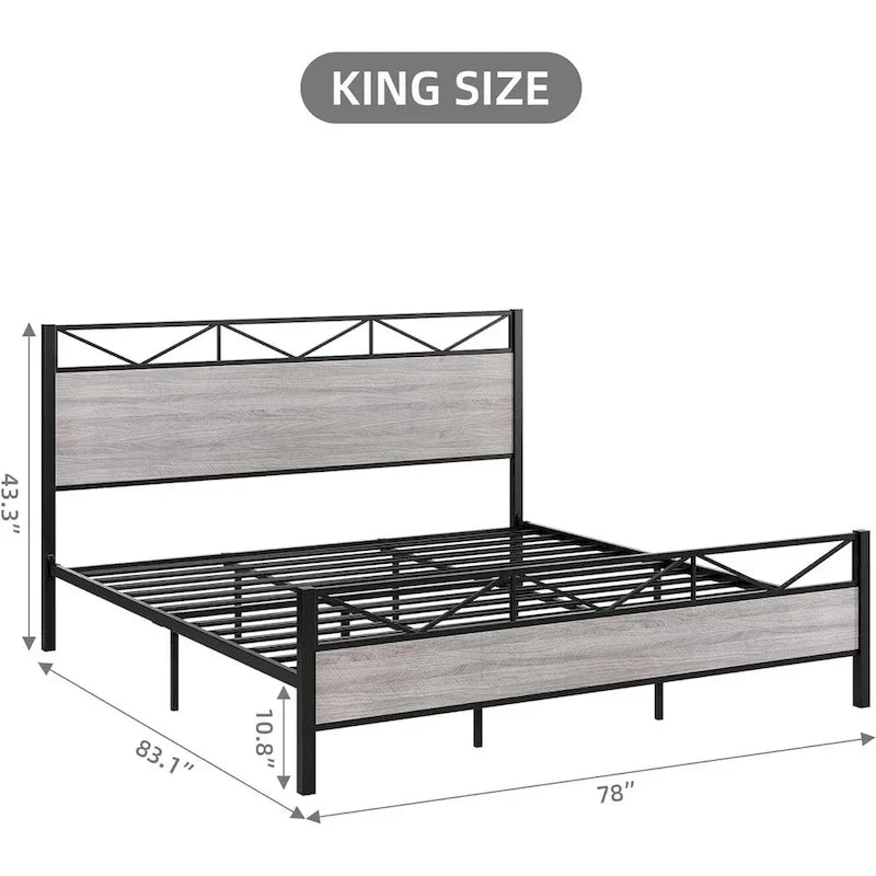 Brown / Light Grey Industrial Platform Bed Frame with Headboard – Full / Queen / King, Fits 2
