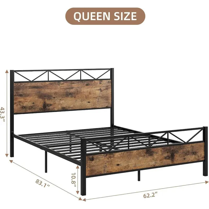 Brown / Light Grey Industrial Platform Bed Frame with Headboard – Full / Queen / King, Fits 2