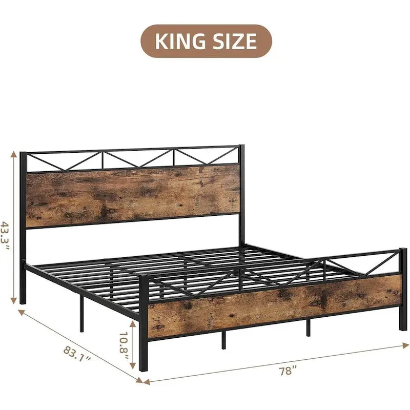 Brown / Light Grey Industrial Platform Bed Frame with Headboard – Full / Queen / King, Fits 2