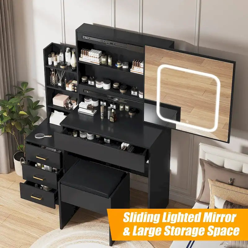Black/White/Natural Vanity Desk with LED Mirror & Stool, 1-Person