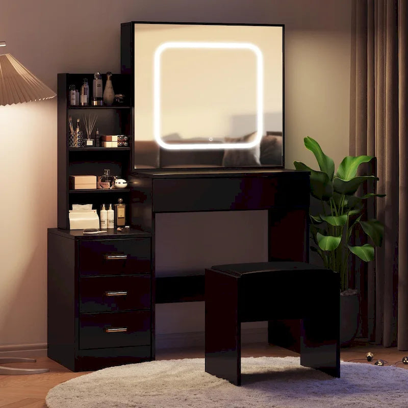 Black/White/Natural Vanity Desk with LED Mirror & Stool, 1-Person