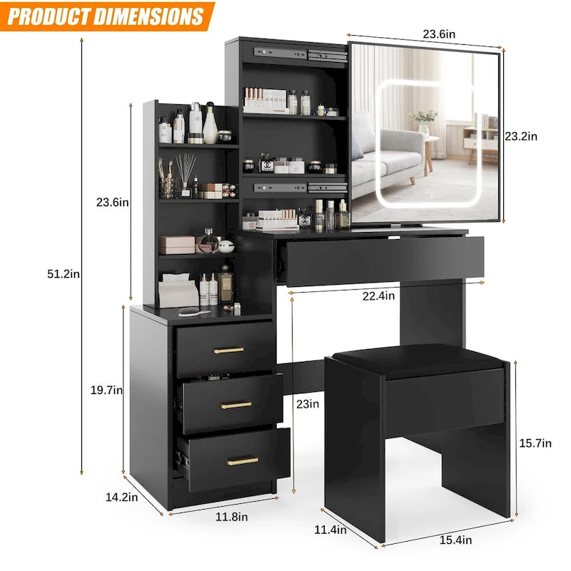 Black/White/Natural Vanity Desk with LED Mirror & Stool, 1-Person