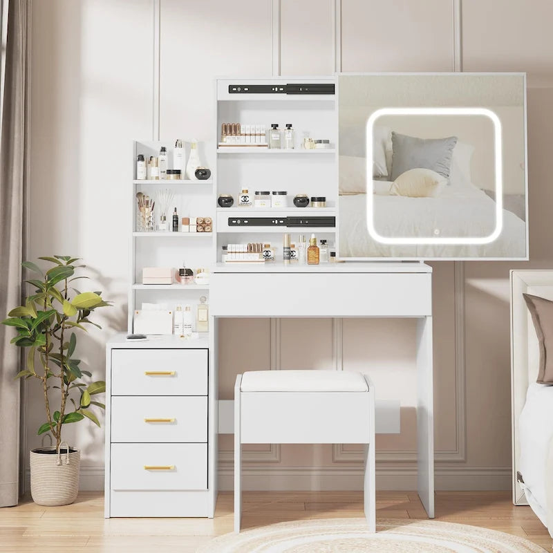 Black/White/Natural Vanity Desk with LED Mirror & Stool, 1-Person