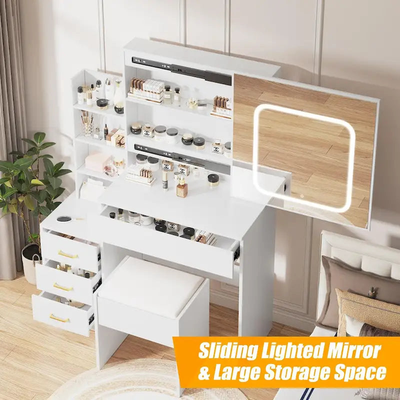 Black/White/Natural Vanity Desk with LED Mirror & Stool, 1-Person