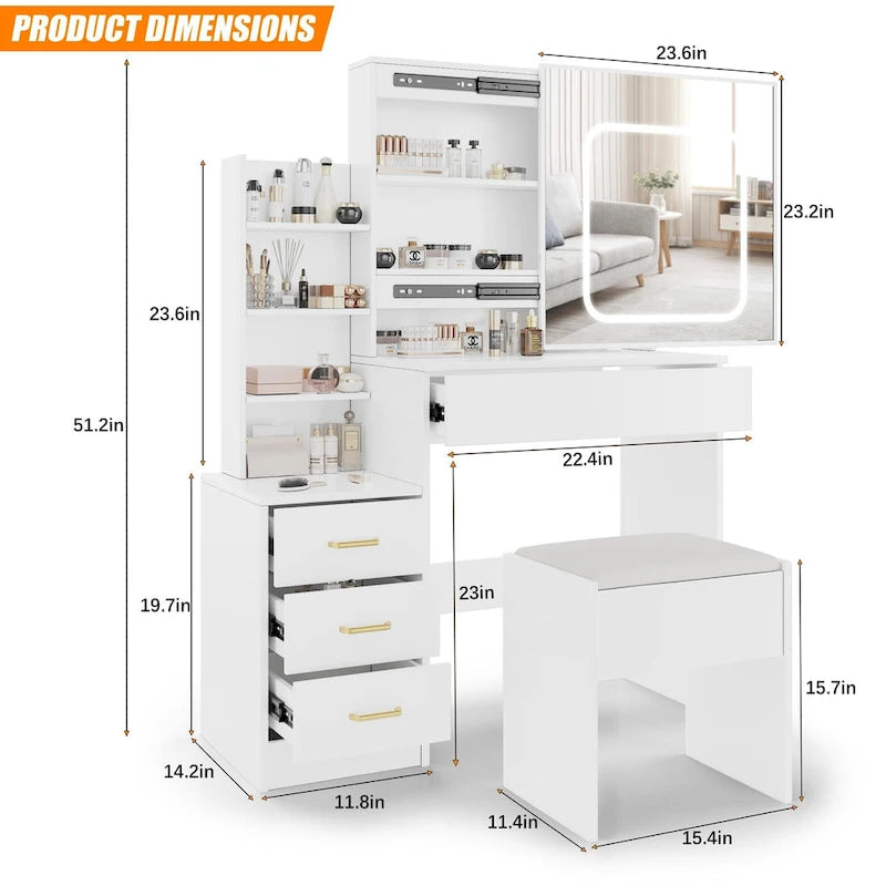 Black/White/Natural Vanity Desk with LED Mirror & Stool, 1-Person