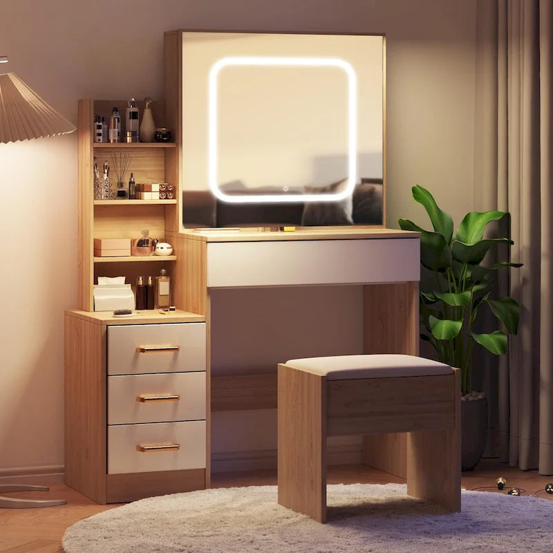 Black/White/Natural Vanity Desk with LED Mirror & Stool, 1-Person