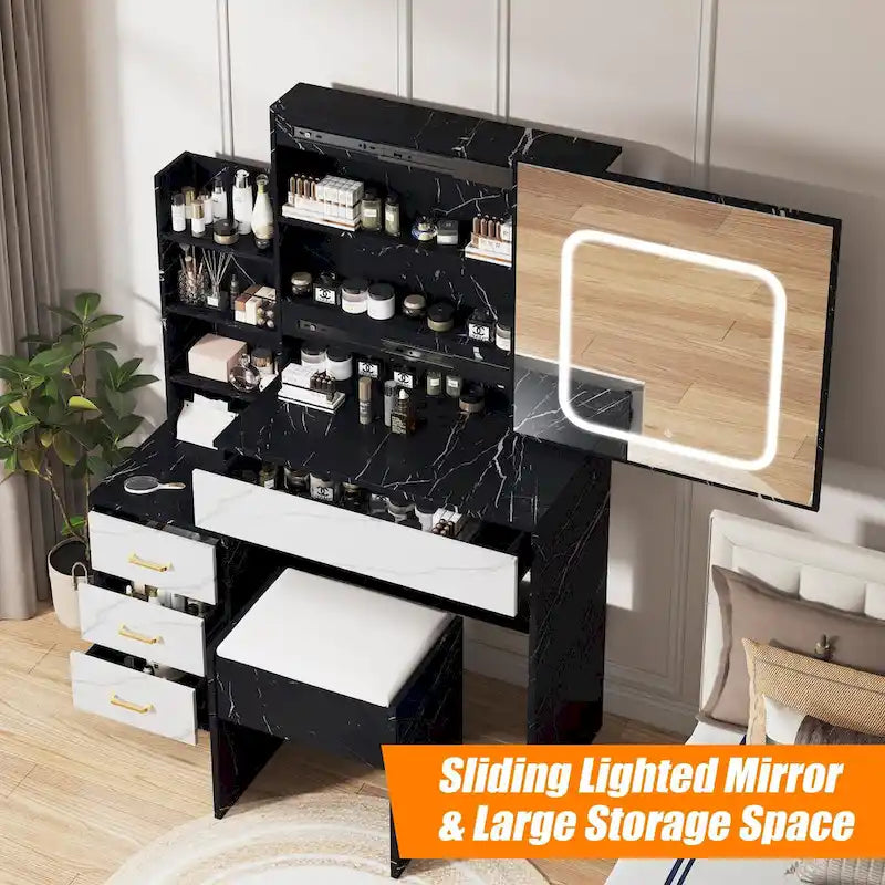 Black/White/Natural Vanity Desk with LED Mirror & Stool, 1-Person