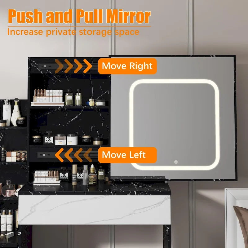 Black/White/Natural Vanity Desk with LED Mirror & Stool, 1-Person