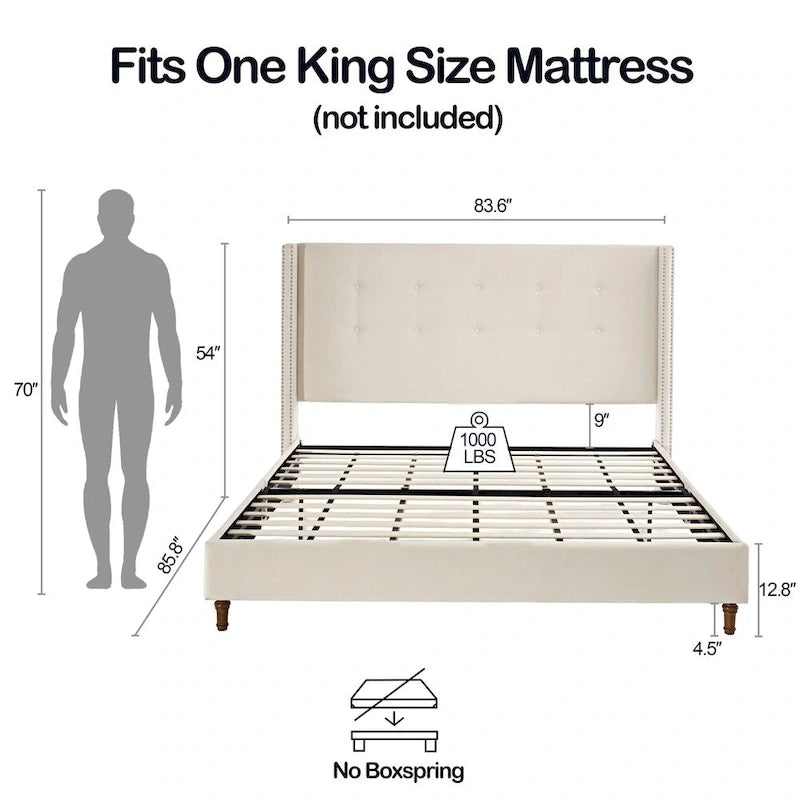 Ivory Wingback King Bed, Tufted Headboard, 2-Person
