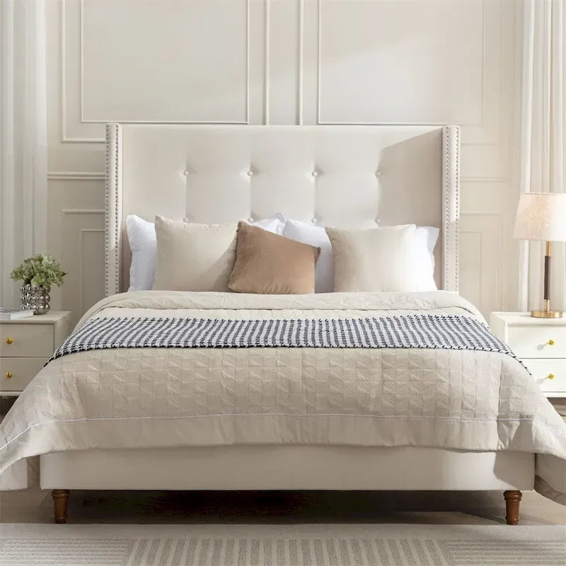 Ivory Wingback King Bed, Tufted Headboard, 2-Person