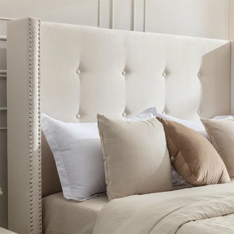Ivory Wingback King Bed, Tufted Headboard, 2-Person