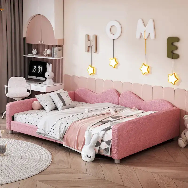 Pink Sherpa Upholstered Daybed with Cloud Backrest – Full Size, 1-Person