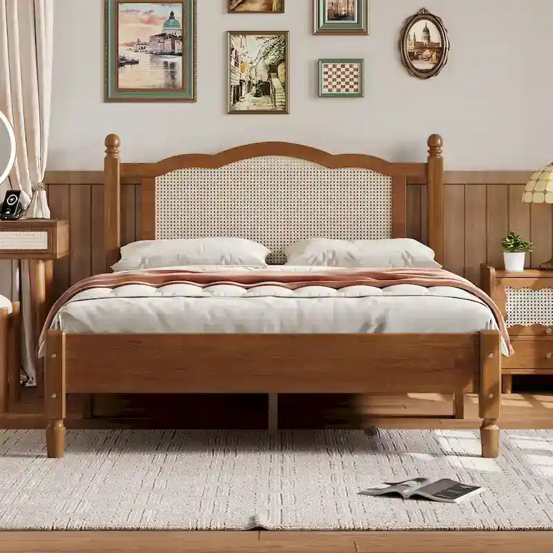 Walnut / Black Rattan Headboard Bed Frame, Full & Queen, Fits 1–2