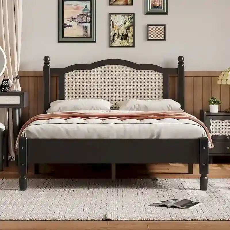 Walnut / Black Rattan Headboard Bed Frame, Full & Queen, Fits 1–2