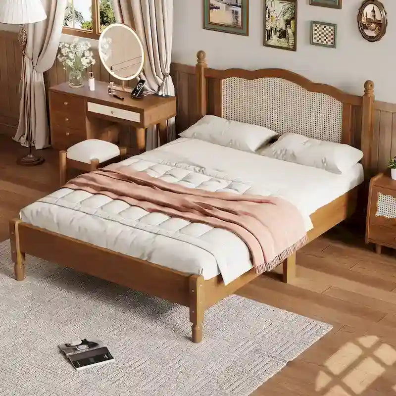 Walnut / Black Rattan Headboard Bed Frame, Full & Queen, Fits 1–2
