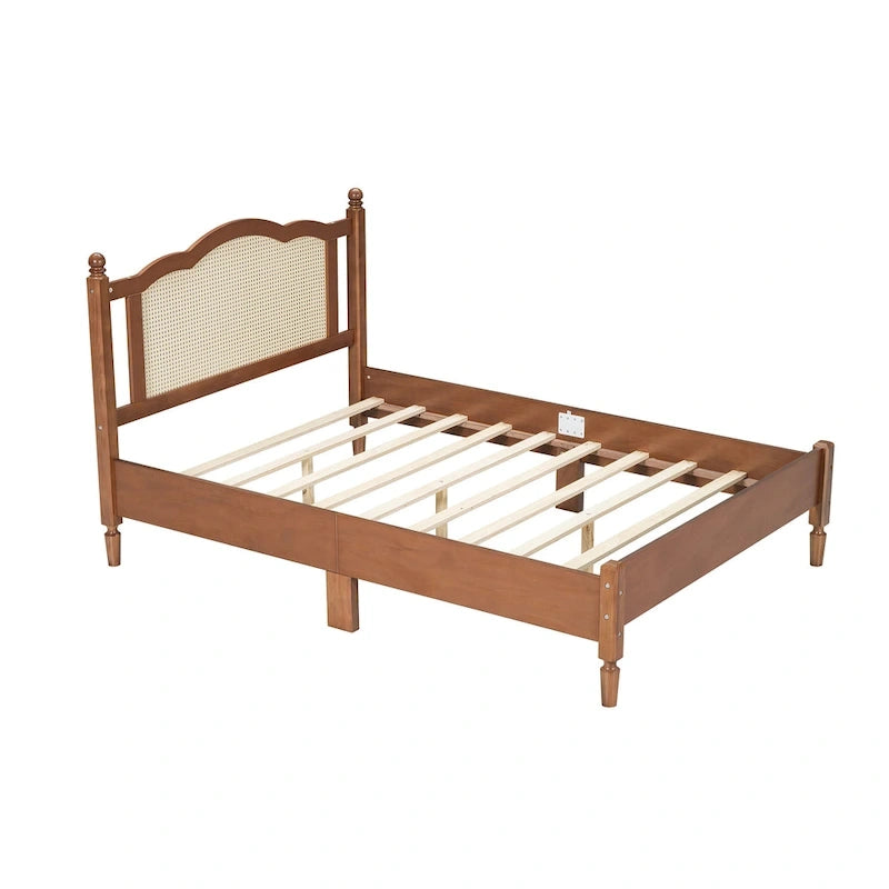 Walnut / Black Rattan Headboard Bed Frame, Full & Queen, Fits 1–2