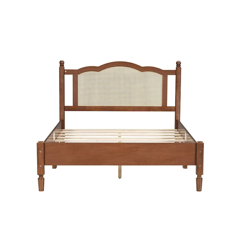 Walnut / Black Rattan Headboard Bed Frame, Full & Queen, Fits 1–2