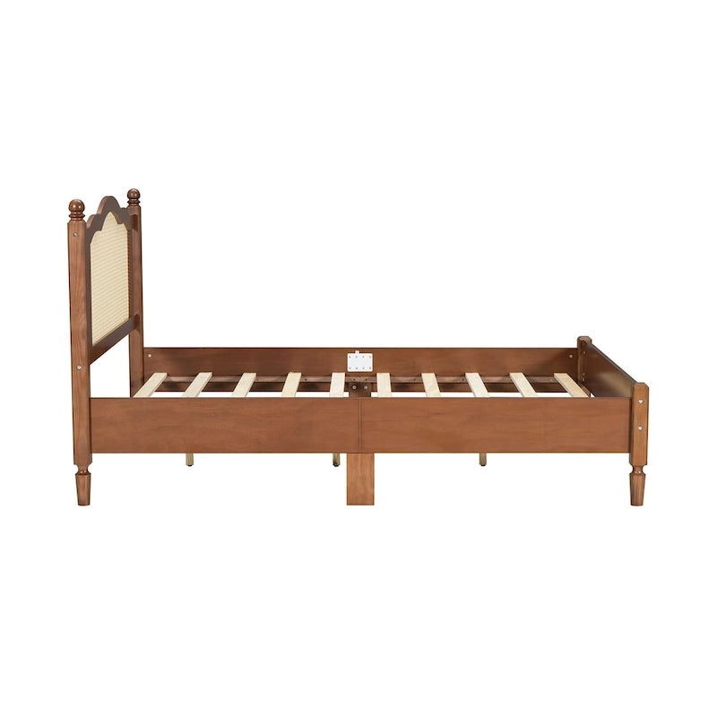 Walnut / Black Rattan Headboard Bed Frame, Full & Queen, Fits 1–2