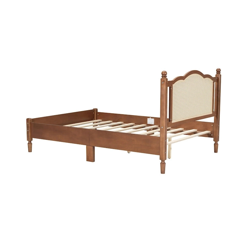 Walnut / Black Rattan Headboard Bed Frame, Full & Queen, Fits 1–2