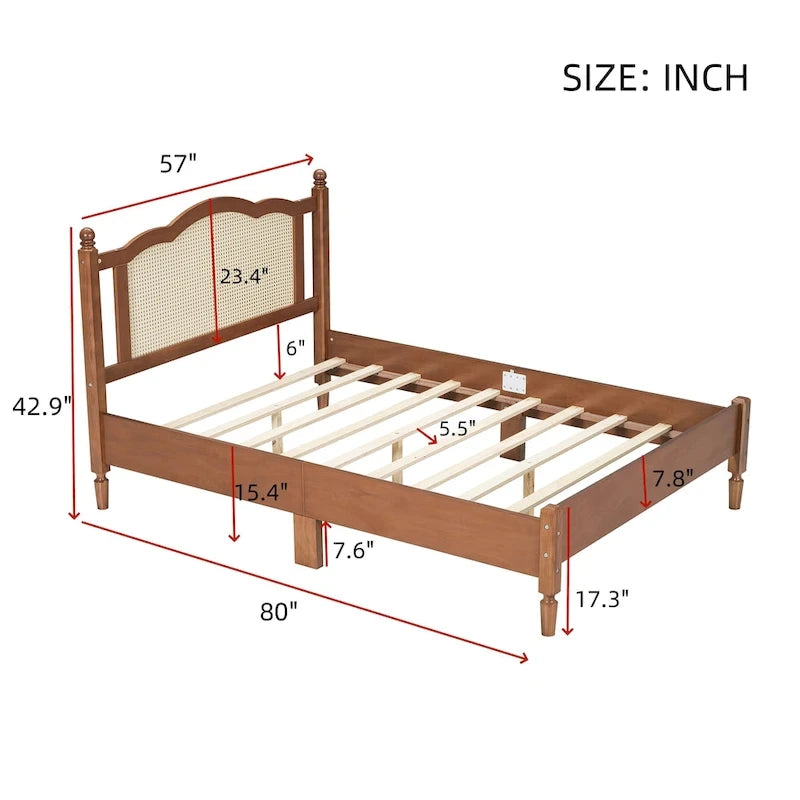 Walnut / Black Rattan Headboard Bed Frame, Full & Queen, Fits 1–2