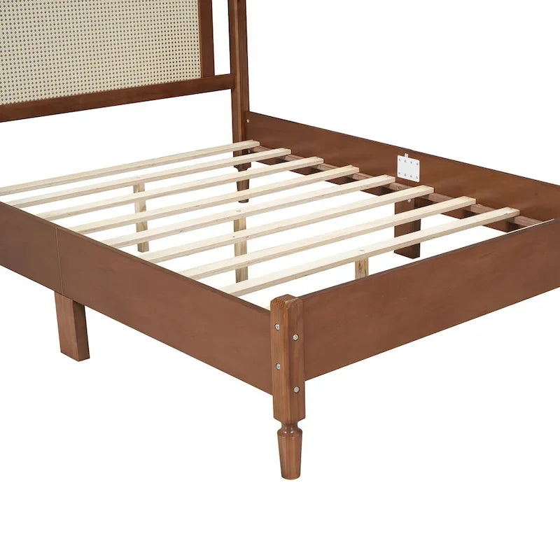 Walnut / Black Rattan Headboard Bed Frame, Full & Queen, Fits 1–2
