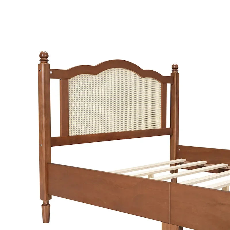 Walnut / Black Rattan Headboard Bed Frame, Full & Queen, Fits 1–2