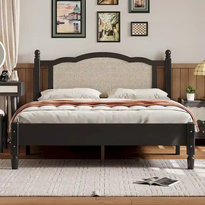 Walnut / Black Rattan Headboard Bed Frame, Full & Queen, Fits 1–2