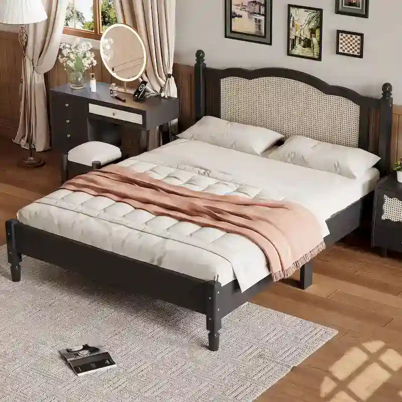 Walnut / Black Rattan Headboard Bed Frame, Full & Queen, Fits 1–2