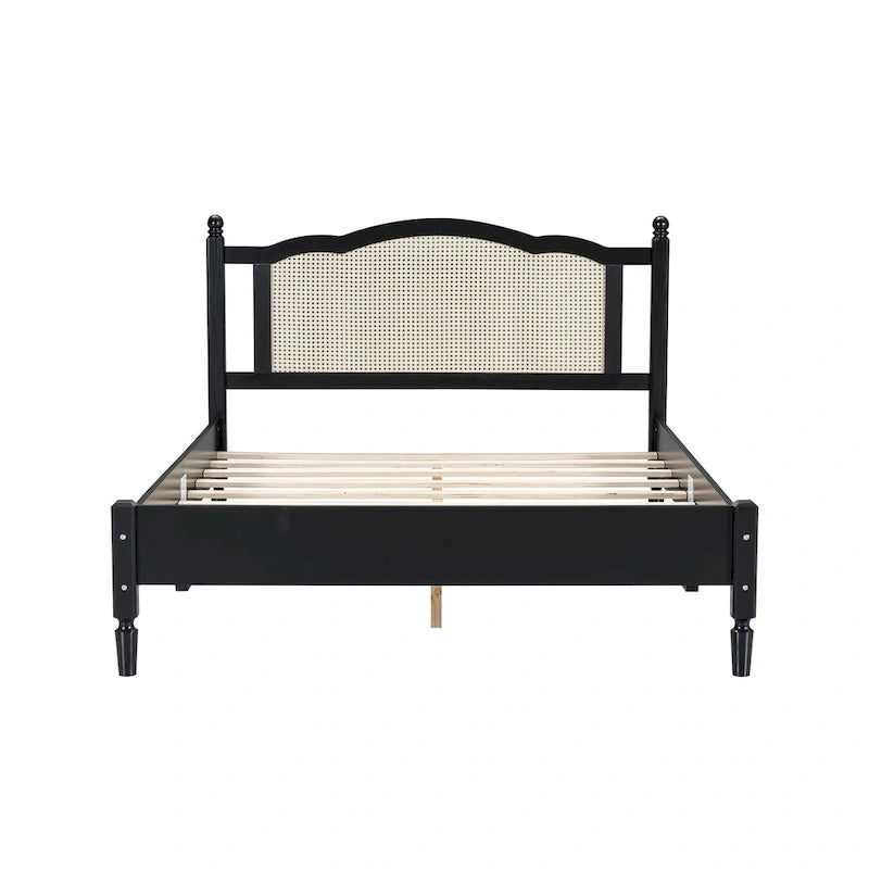 Walnut / Black Rattan Headboard Bed Frame, Full & Queen, Fits 1–2