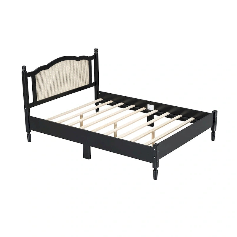 Walnut / Black Rattan Headboard Bed Frame, Full & Queen, Fits 1–2