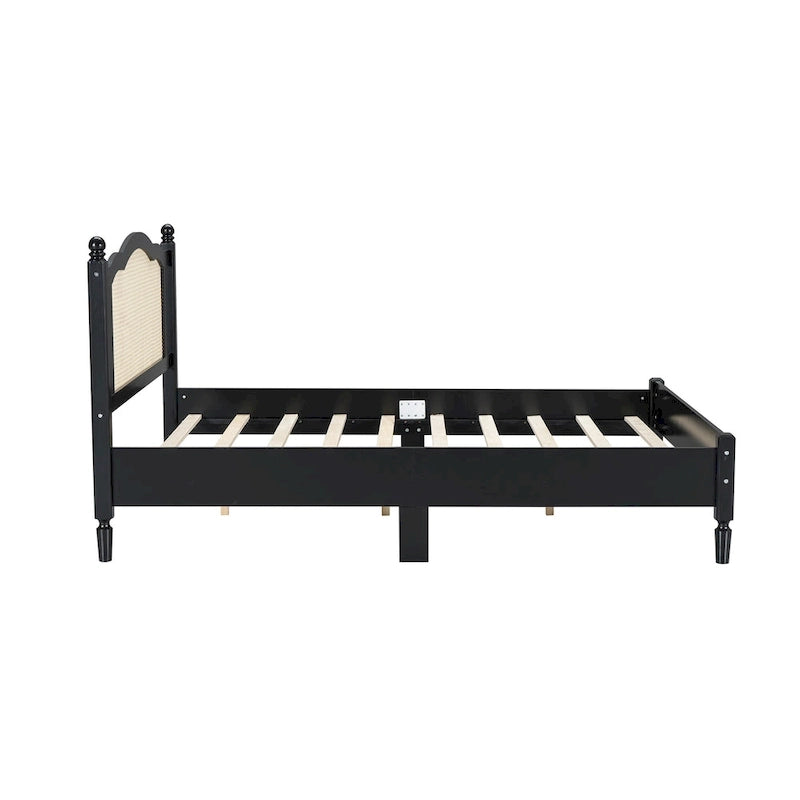 Walnut / Black Rattan Headboard Bed Frame, Full & Queen, Fits 1–2