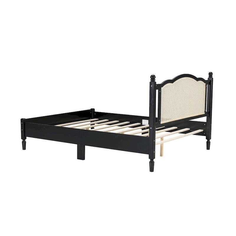 Walnut / Black Rattan Headboard Bed Frame, Full & Queen, Fits 1–2