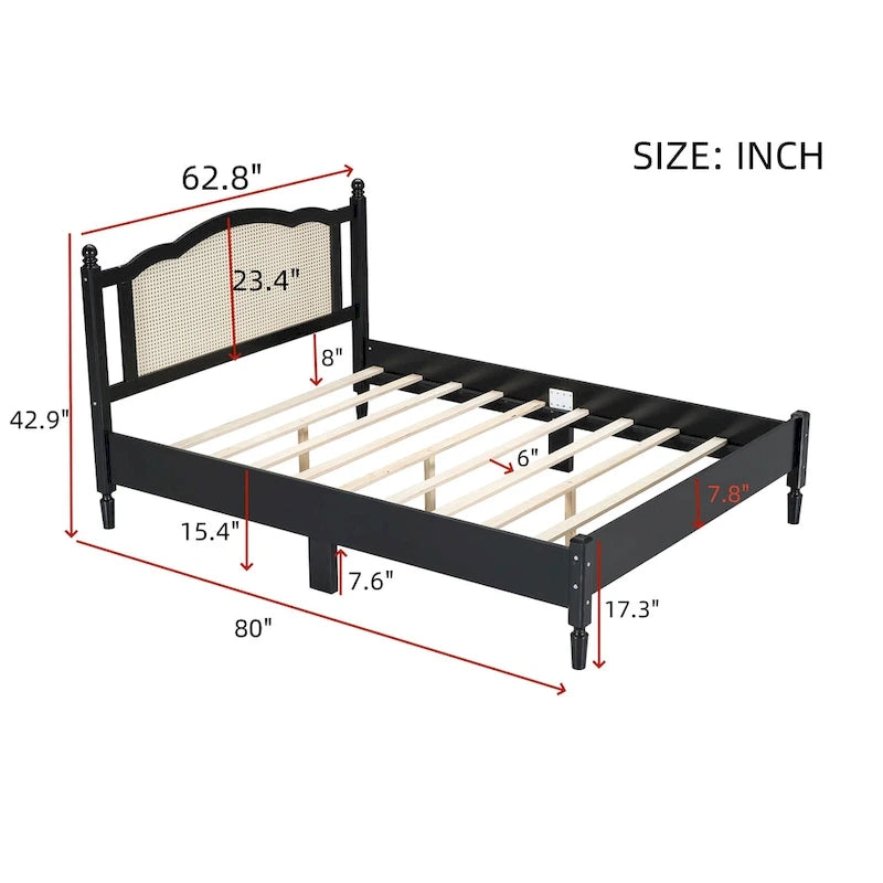 Walnut / Black Rattan Headboard Bed Frame, Full & Queen, Fits 1–2