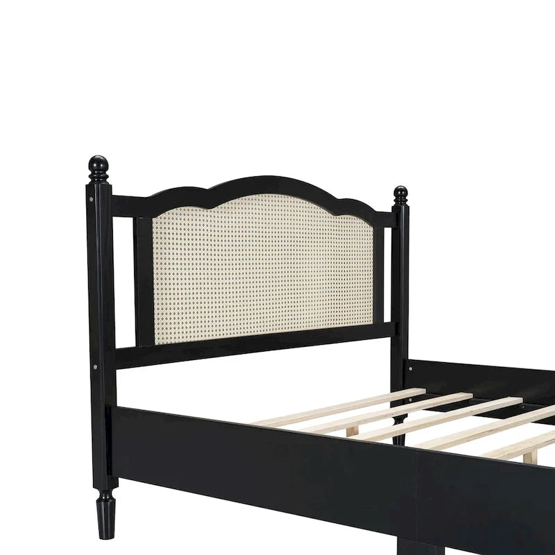 Walnut / Black Rattan Headboard Bed Frame, Full & Queen, Fits 1–2