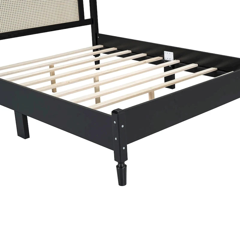 Walnut / Black Rattan Headboard Bed Frame, Full & Queen, Fits 1–2